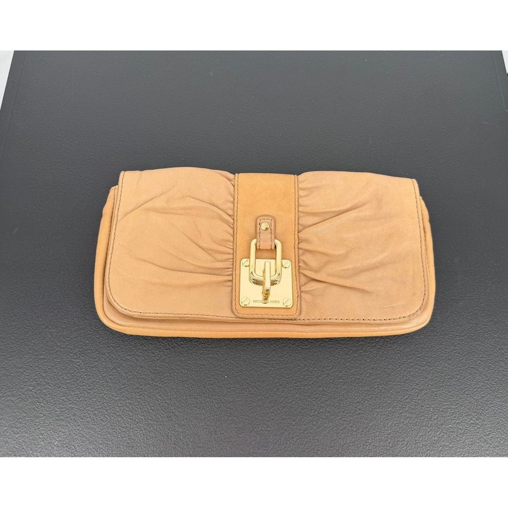 Michael Kors Leather Ruched Clutch With Gold Closure